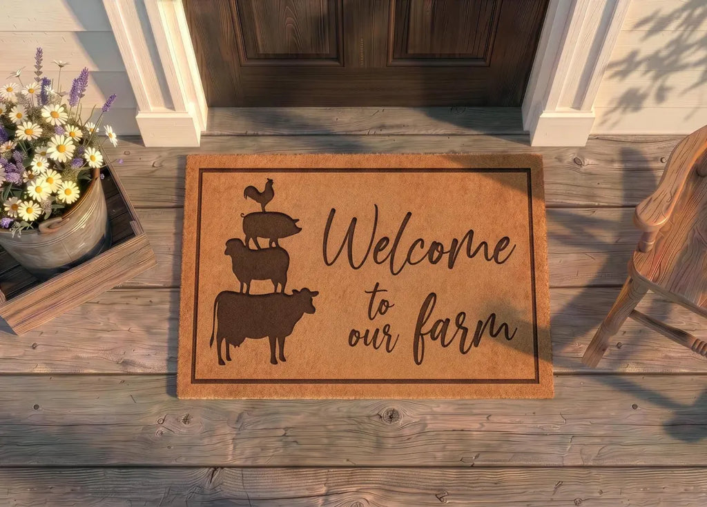 Personalized Farm Animal Doormat | Custom Welcome To The Farm Mat | Farmhouse Housewarming Gift | Laser Engraved