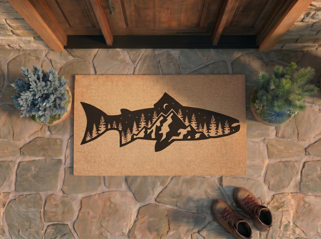 Personalized Trout Fishing Doormat | Custom Mountain Fish Welcome Mat | Lake Cabin Decor | Laser Engraved