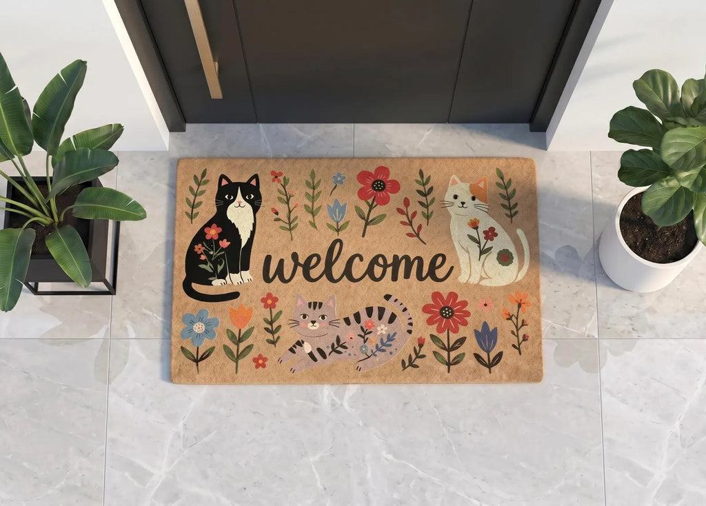 Personalized Floral Cat Welcome Doormat | Custom Cat Mat | Pet Lover Gift | UV Print