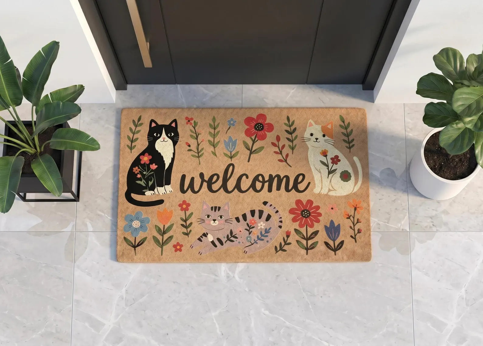 Personalized Floral Cat Welcome Doormat | Custom Cat Mat | Pet Lover Gift | UV Print