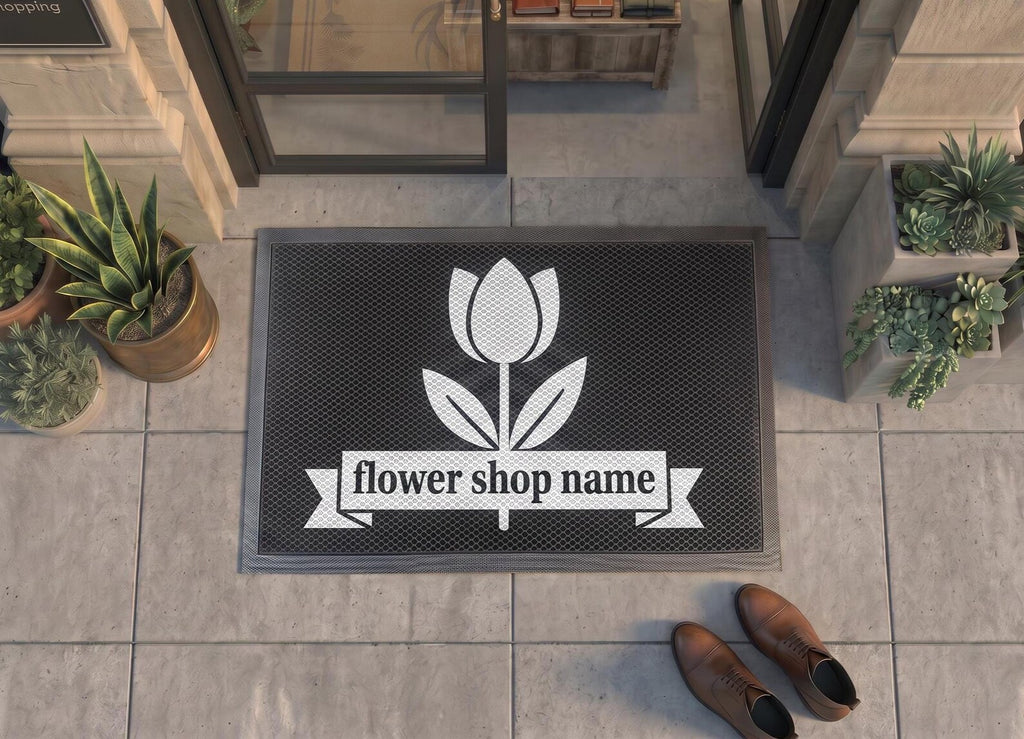 Custom Florist Shop Doormat | Personalized Flower Shop Mat | Tulip Ribbon Design | UV Print
