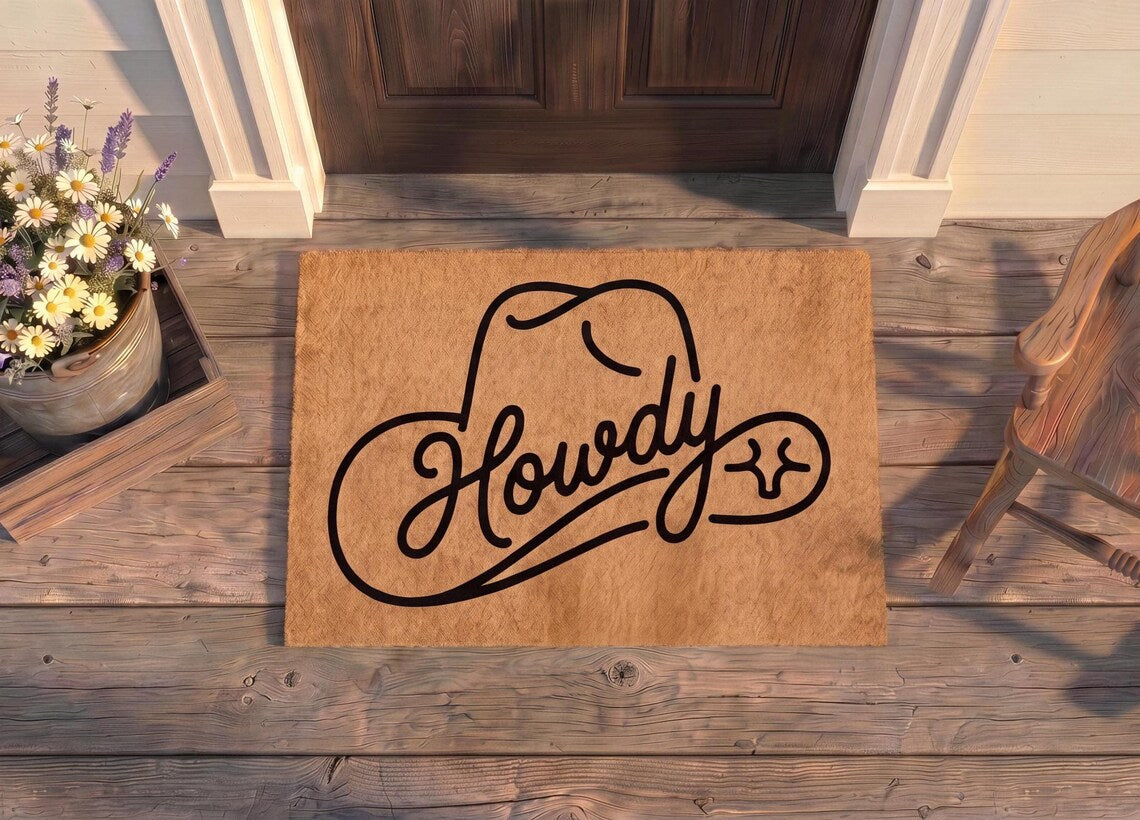 Personalized Howdy Cowboy Doormat | Custom Western Welcome Mat | Cowboy Hat Decor | Laser Engraved