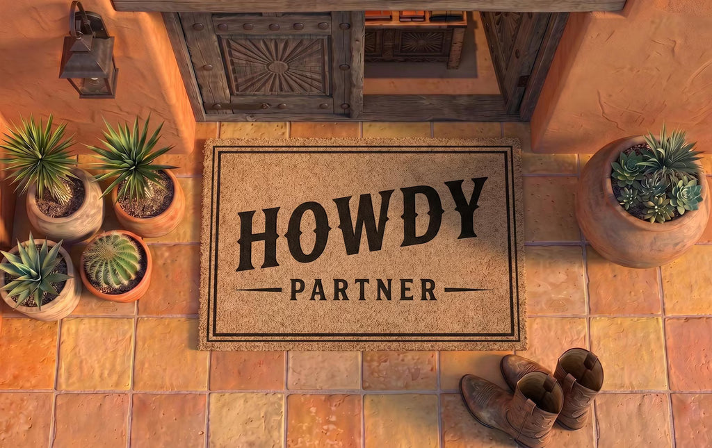 Personalized Howdy Partner Doormat | Custom Western Border Welcome Mat | Southwestern Decor | Laser Engraved
