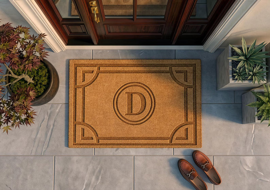 Personalized Monogram Border Doormat | Custom Single Initial Welcome Mat | Elegant Entryway Decor | Laser Engraved