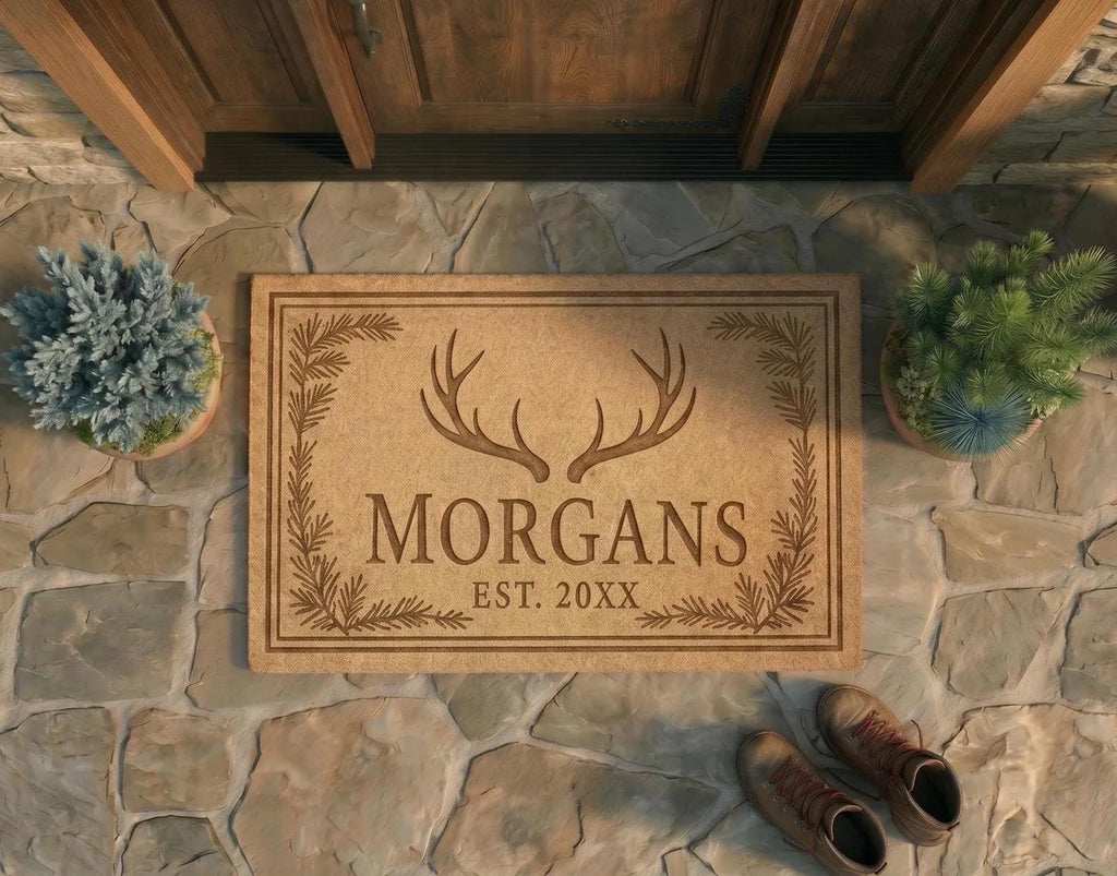Personalized Antler Doormat | Custom Rustic Family Welcome Mat | Cabin Home Gift | Laser Engraved