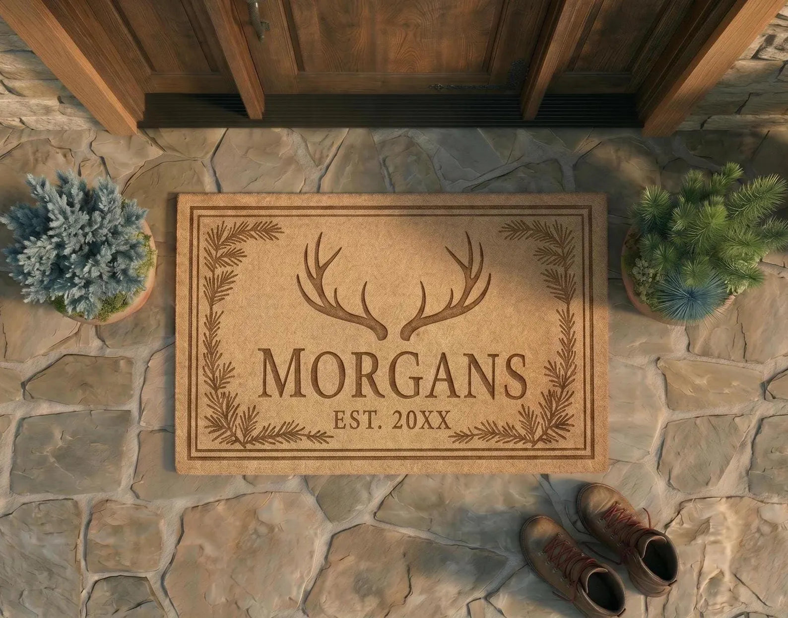 Personalized Antler Doormat | Custom Rustic Family Welcome Mat | Cabin Home Gift | Laser Engraved