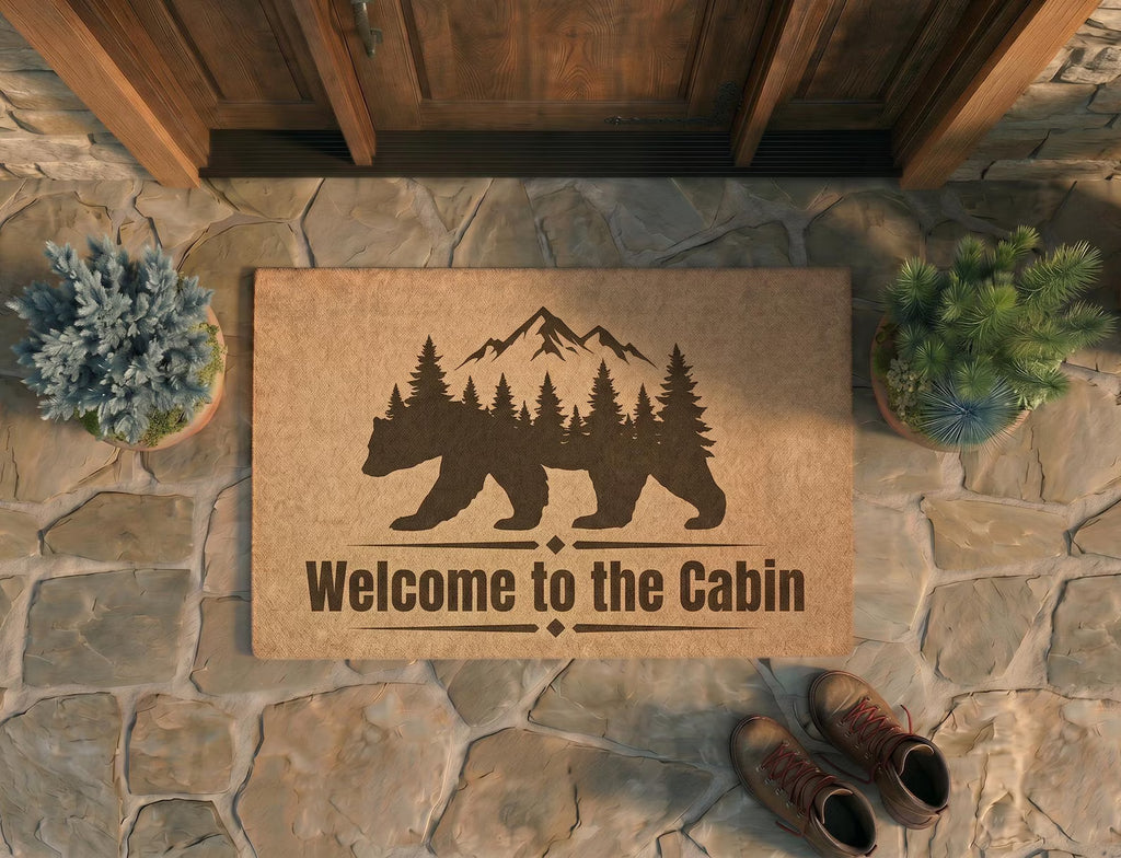 Personalized Cabin Doormat | Custom Bear Mountain Welcome Mat | Rustic Cabin Decor | Laser Engraved