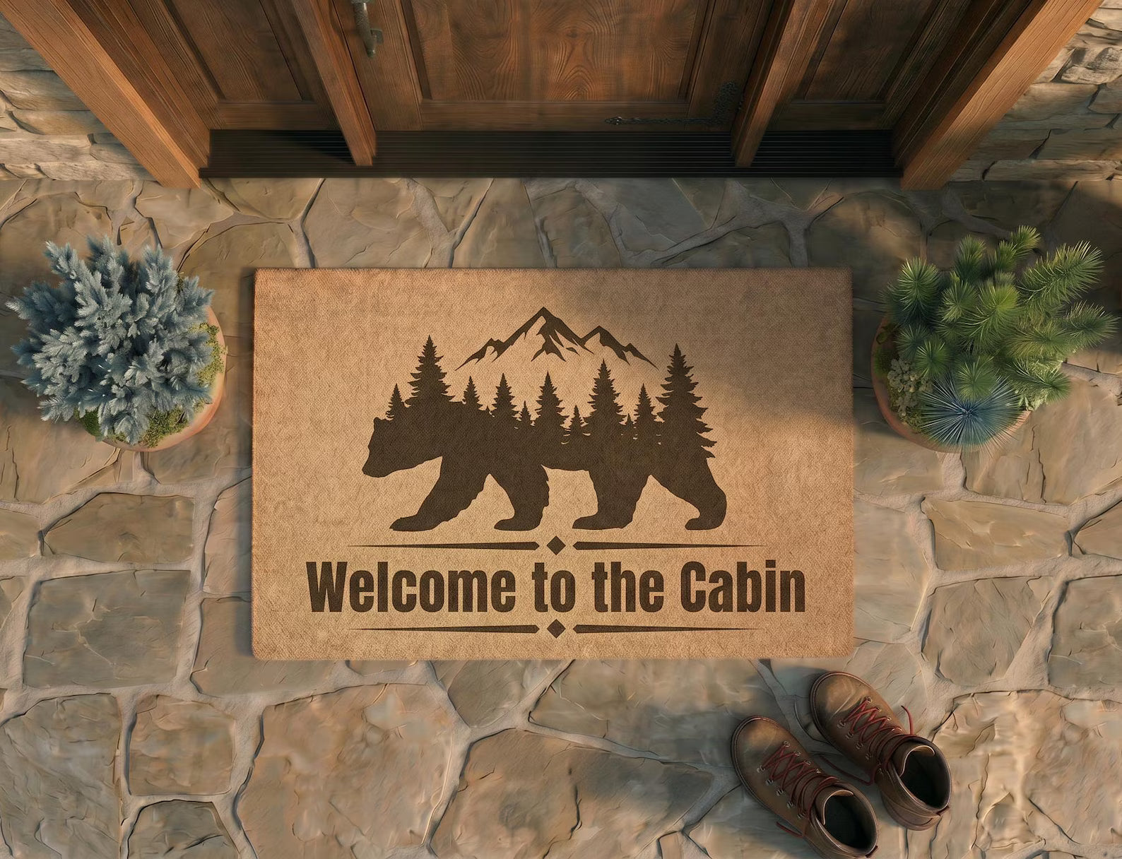 Personalized Cabin Doormat | Custom Bear Mountain Welcome Mat | Rustic Cabin Decor | Laser Engraved