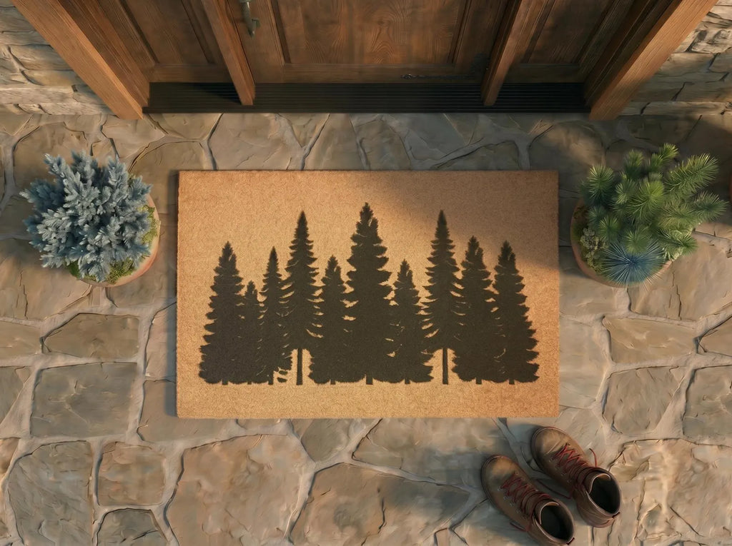 Personalized Forest Doormat | Pine Tree Cabin Welcome Mat | Woodland Nature Decor Gift | Laser Engraved