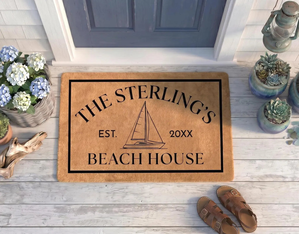 Personalized Sailboat Beach House Doormat | Custom Coastal Home Mat | Boat Owner Gift | Laser Engraved