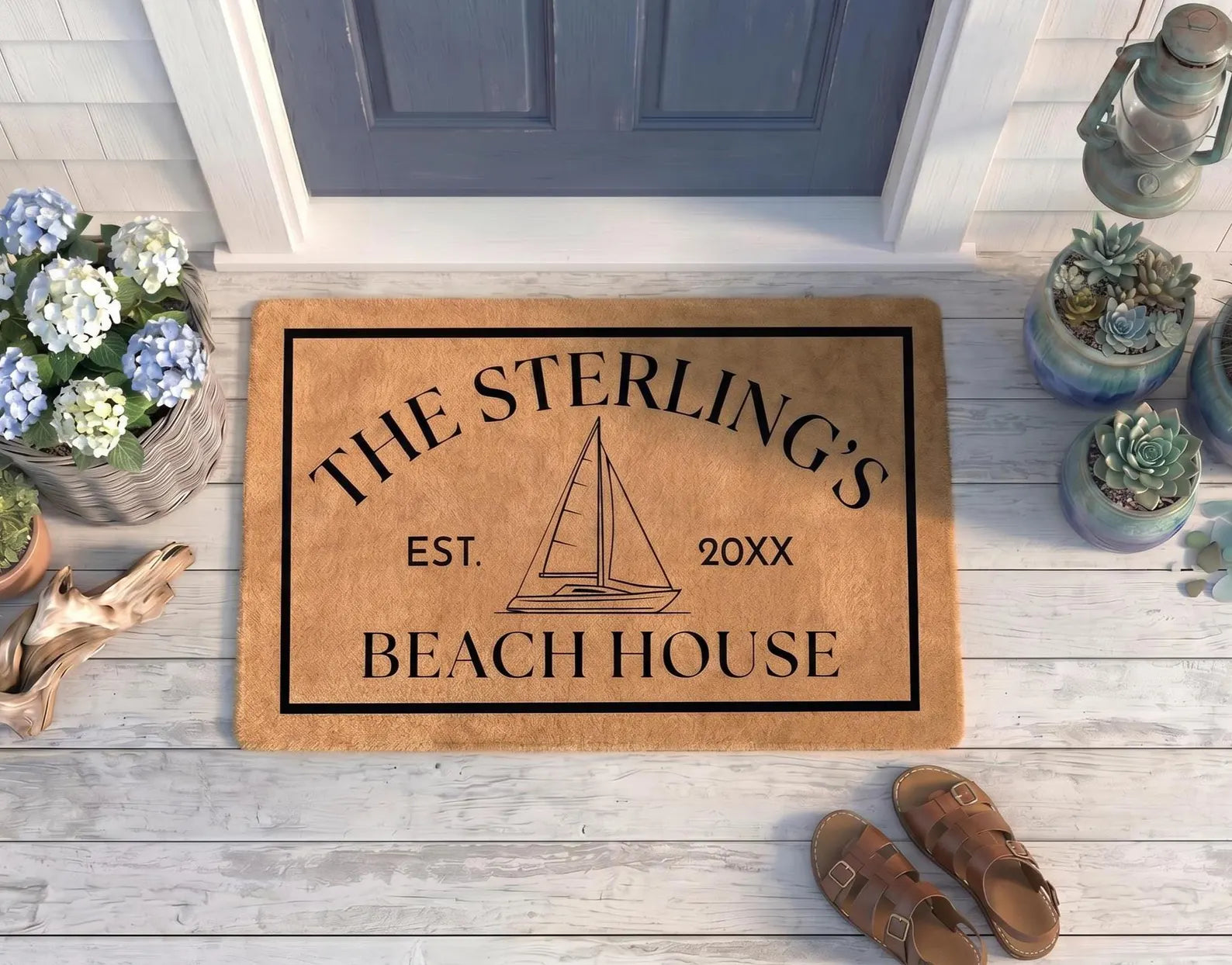 Personalized Sailboat Beach House Doormat | Custom Coastal Home Mat | Boat Owner Gift | Laser Engraved
