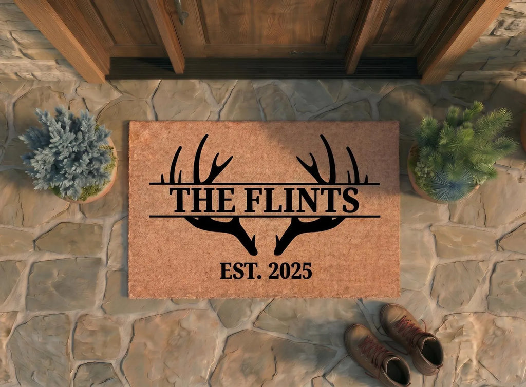 Personalized Elk Frame Family Name Doormat | Custom Established Date Mat | Hunting Gift | Laser Engraved