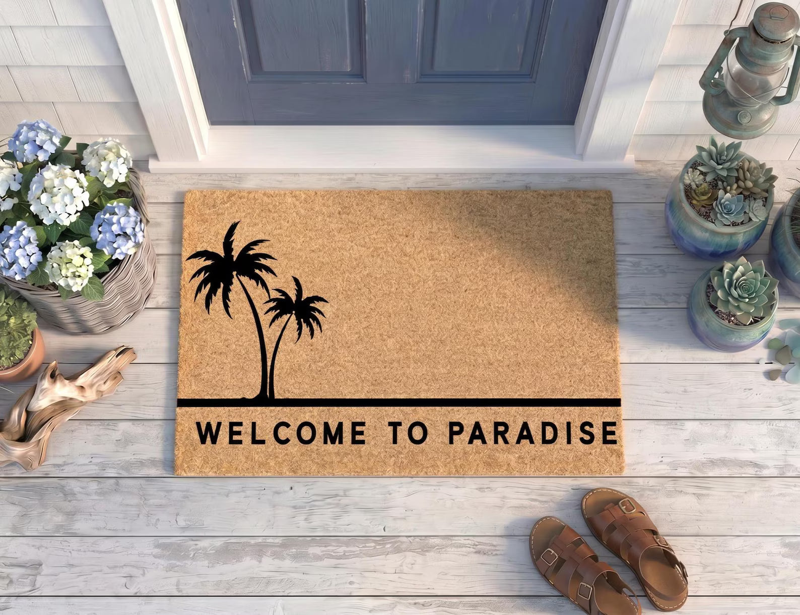 Personalized Welcome to Paradise Doormat | Custom Palm Tree Welcome Mat | Beach House Gift | Laser Engraved