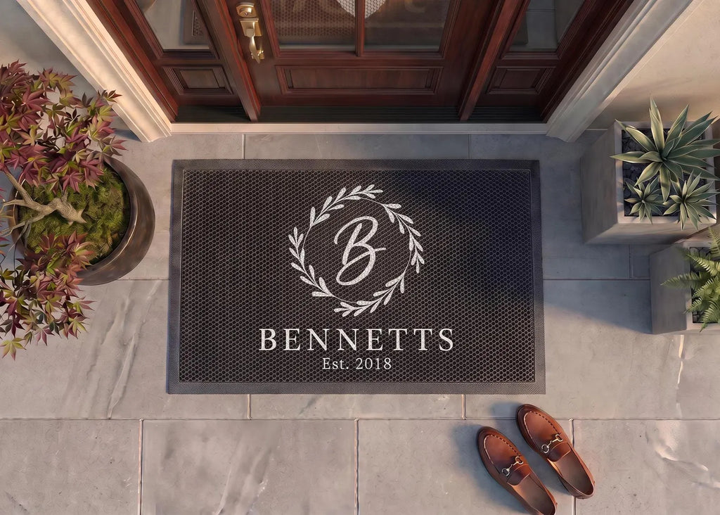 Personalized Wreath Initial Doormat | Custom Family Name Mat | Wedding Housewarming Gift | UV Print