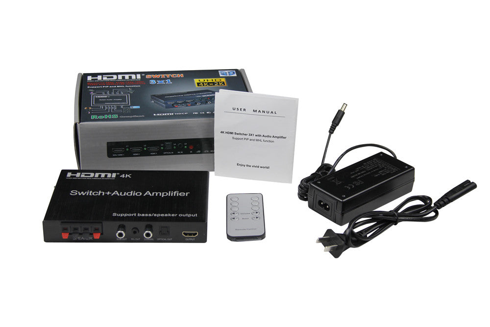 SFX HDSW3-A 4K HDMI Switcher 3X1 with Audio Amplifier (Support PiP and MHL function) - OBM Distribution, Inc.